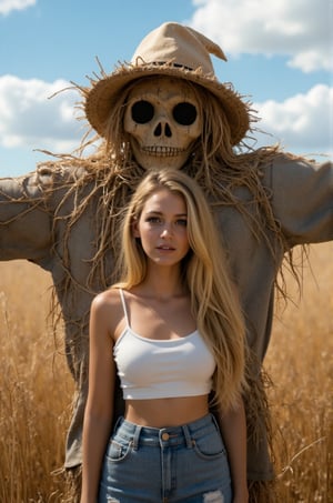 Blake Lively, 16K, UHD, long blonde hair, dark fantasy, horror style, a cute girl with long blonde hair is standing in front of a creepy scarecrow, girl is wearing a short jeans and white shirts, creepy scarecrow is hugging a girl from behind, creepy scarecrow wearing tattered clothes and a straw hat with black holes where the eyes and mouth should be, full body, wheat field, blue sky and white clouds, fantastic, mysterious, most fashionable, most stylish, dark background, detailed background, every detail is rendered in superb detail, perfect composition, masterpiece, best quality, 8k, ultra-detailed, very clear, perfect anatomy, anatomically correct hands, beautiful face, beautiful eyes, detailed eyes, beautiful hair, detailed hair,anime,Hand