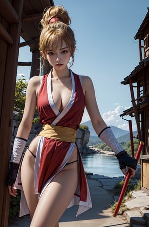 (masterpiece, best quality, high resolution),cowboy shot, 1girl, solo, makims, ninja, pelvic curtain, japanese clothes, sash, gloves, cleavage,  bandages,   lora:MakiMS:1