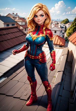 cptmarvel,blonde hair,blue eyes, bodysuit, red gloves, belt, boots, looking at viewer, serious, smiling, full body shot, standing, outside,on house roof, suburbs, blue sky, extreme detail, masterpiece, 

