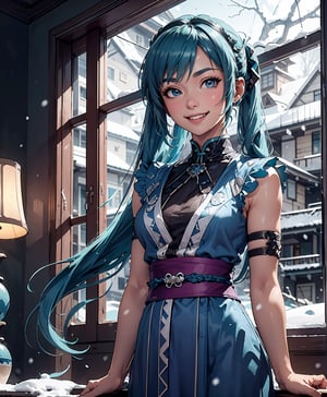 zbzr, hatsune miku, blue twintail hair, blue robes, armor, sash, looking at viewer, smiling, happy, upper body shot, 
standing, inside a cozy living room, playful ambiance, window, snow, winter, extreme detail, masterpiece,  
