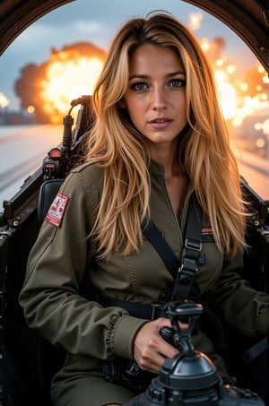 Blake Lively, 16K, UHD, long blonde hair, action shot of Blake Lively, dressed in combat jumpsuit, sitting inside an F-15 cockpit in flight. The big background is filled with explosions and a chaotic sky, holding the flight controls. The overall atmosphere is intense and high-stakes