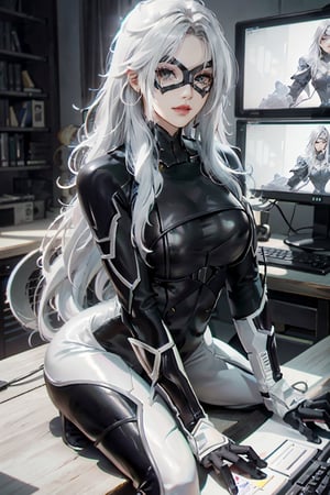 (masterpiece, best quality), lora:MarvelBlackCat:0.8, MarvelBlackCat, 2girl, duplicated, long hair, white hair, mask, seductive, sitting at a desk, gaming pc, white lighting, HD, illustration, epic, fantasy, intricate, elegant, amazing detail, digital painting, artstation