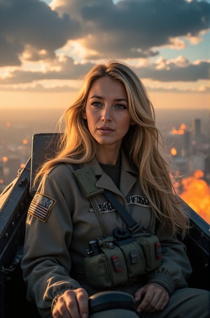 Blake Lively, 16K, UHD, long blonde hair, action shot of Blake Lively, dressed in combat jumpsuit, sitting inside an F-15 cockpit in flight. The big background is filled with explosions and a chaotic sky, holding the flight controls. The overall atmosphere is intense and high-stakes