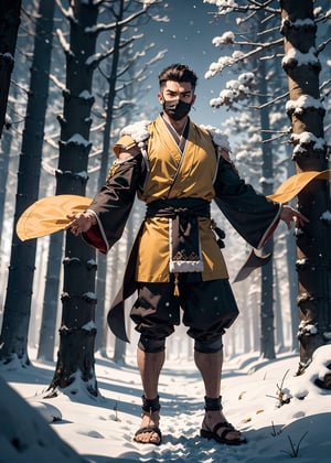 zbzr,man, ninja, yellow robes, loin cloth, looking at viewer, full body shot, outside, snow, snowing, trees, night, extreme detail, masterpiece,  ,mkscorpion