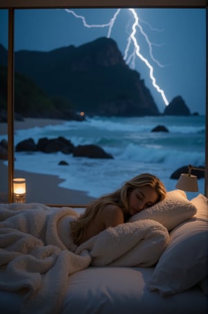 Blake Lively, 16K, UHD, long blonde hair, a woman sleeping in a bed on a beach luxury villa, she is sleeping on her stomach, is partially covered by a white woolen blanket, a big window is near her bed, an detailed beach and mountain can be seen, stormy night, lightning, dark night, minimal light