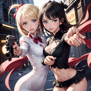 (masterpiece, best quality),  2girl, twin sisters, holding hand, erotic, small breasts, intricate details, blonde hair, sharp focus, both aiming at viewer, both holding pistols, 2girl with  handguns, mini skirts, shirts, seductive, light plump, black legwear, lora:tony_taka_v0.3:1