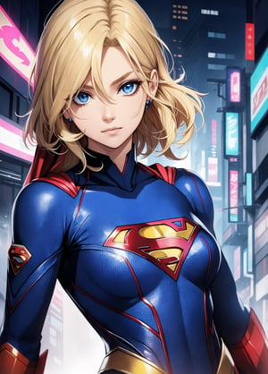 Beautiful supergirl medium blonde hair, roupas curtas estilo cyberpunk, with superman S symbol on the chest, olhos azuis, seios pequenos.