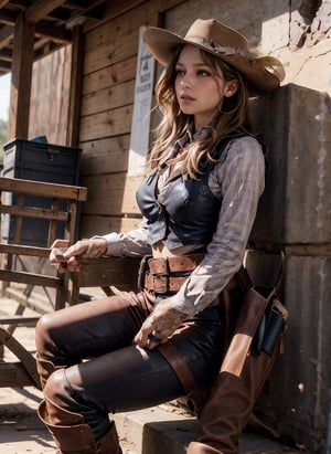 Beauty,blush,perfect eyes,long eyelashes,makeup,hat,vest,tight leather,pants,boots,belt,cowboy boots,bandolier,bohemic,Calamity jane,cool,sexy,confident,feather earrings,she is influenced by both settler and indian culture,ultra realistic,8k, hd, wild west,grit,dirt, 