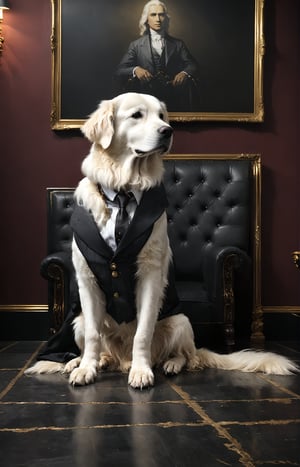 white golden retriever mafia boss wearing black suit with grey stripes. sitting in a dark room with dark red walls, gold rings, solo


