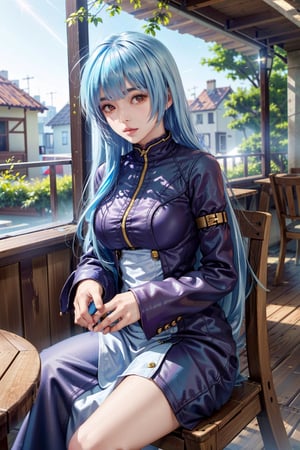 (masterpiece, best quality:1.3)   KOFKula, 1girl, solo, blue hair, bangs, cafe terrace, morning, peaceful and serene with soft morning sunlight