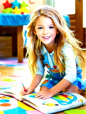 a girl,full body,pixar style,long messy hair, smilling,kindergarten, some kid toys, messy book, painting on the floor, playing together, bright light, playfull,blake lively