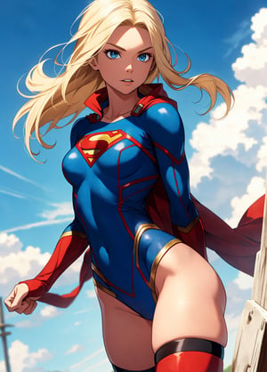 supergirl, woman, blonde hair, blue eyes, athletic figure, toned body, superhero pose, (masterpiece, best quality:1.1), ghibli style