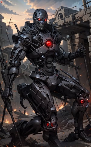 evil cyborg, red eyes, high quality, ultra-detailed, (masterpiece, best quality), huge weapons, armored suit