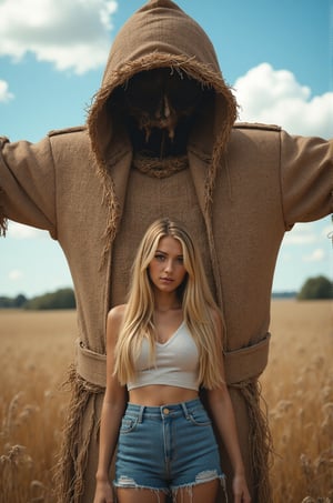 Blake Lively, 16K, UHD, long blonde hair, dark fantasy, horror style, a cute girl with long blonde hair is standing in front of a creepy scarecrow, Burlap sack stained dark from horrors it has witnessed, stillness concealing unspeakable threat, empty black hole with glimpse of maggot-swarmed hollowness within, girl is wearing a short jeans and white shirts, creepy scarecrow is hugging a girl from behind, full body, wheat field, blue sky and white clouds, fantastic, mysterious, most fashionable, most stylish, dark background, detailed background, every detail is rendered in superb detail, perfect composition, masterpiece, best quality, 8k, ultra-detailed, very clear, perfect anatomy, anatomically correct hands, beautiful face, beautiful eyes, detailed eyes, beautiful hair, detailed hair,anime,Hand