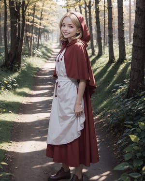 girl, blonde hair, blue eyes, hood, red dress, apron,capelet, looking at viewer, smiling, grin,medium shot, 
standing, outside, forest, autumn, dirt path, natural lighting, extreme detail, masterpiece,  lora:bbh:.8
