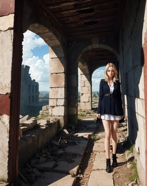 (masterpiece, best quality), 1girl, blonde hair, sidelocks, fantasy, post-apocalypse, ruins, scenery, light particle, messy hair,