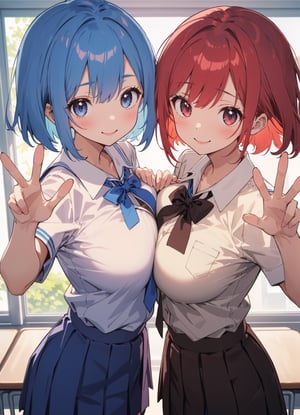 (masterpiece:1.2), 2girls, peace sign, school uniform, large breasts, symmetrical docking, classroom, smile, physical differences, blue hair, red hair,
