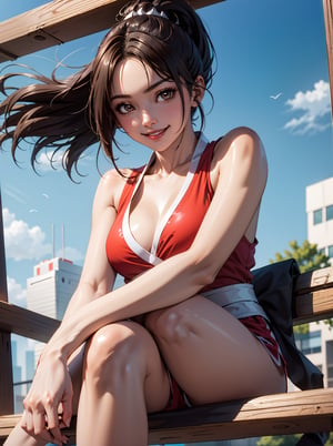 sfchunli, looking at viewer, smiling, cute pose, 
sitting, on bench, crossing legs, from_below, outside, blue sky, extreme detail, masterpiece, beautiful quality, brown eyes