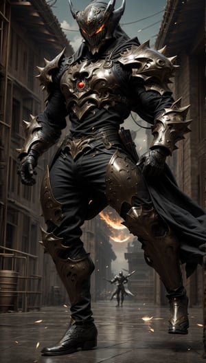 photorealistic, high resolution, soft light work of art,1man, Picture a young man in fighting stance, muscular body, short spiky black hair, full body,  Wide Shot,  wallpaper,  (cinematic dramatic light),  (detailed black armored suit, ripped),  (armored weapon:1),  arcane,  wind magic,  magic surrounds,  mesmerizing,  visual effects,  fire flying all over the shinning sky,  creepy sad laughing demon mask,  assassin weapon,  perfect hands,  sacred fantasy, dynamic pose, ancient portal in the background, JINKUNGFU, Male focus, Hard Gay focus,bara