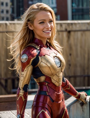 (extremely detailed, realistic, perfect lighting, vibrant colors,intricate details,absurdres),(masterpiece, high detailed skin:1.3),1girl,light blonde hair,layered hair, 2/3 body, 
{ petite, (perfect hands, perfect anatomy)), wearing iron man armor without helmet, }
{ smiling, seducing, new york city rooftops,)},iron man