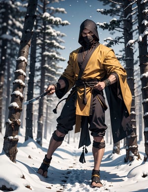 zbzr,man, ninja, yellow robes, loin cloth, looking at viewer, full body shot, outside, snow, snowing, trees, night, extreme detail, masterpiece,  ,mkscorpion