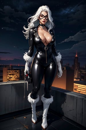 (masterpiece, best quality, ultra detailed, absurdres)1.5, 1girl, (sexy, beautiful woman, perfect face, perfect eyes, perfect female body, huge breasts)1.5, (CARTOON_felicia_blackcat_ownwaifu, www.ownwaifu.com, very long hair, white hair, lipstick, makeup, collarbone, red lips, claws, mask, black bodysuit, domino mask, white gloves, black choker, black collar, superhero, white fur trim, cleavage, skin tight, zipper, spiked collar, unzipped, jewelry, latex, shiny, center opening, white boots, high-heel boots, lora:CARTOON_felicia_blackcat_ownwaifu-15:1), (standing, rooftop, outdoors, New York skyline in background, night sky), perfect lighting, smooth, hdr
