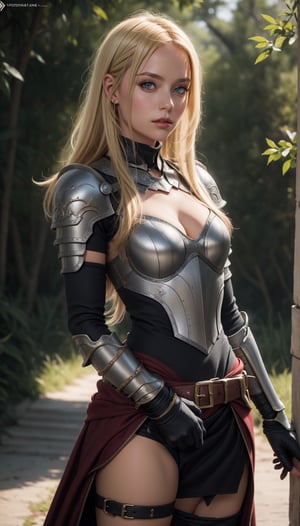 1girl, solo, realistic, looking at viewer, rogue, portrait , armor, long blonde hair, lora:Adventurers_v20:0.7
