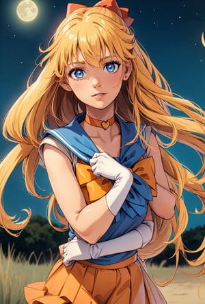 sailorvenus, lora:sailorvenus-lora-nochekaiser:1,sailor venus, blonde hair, blue eyes, bow, hair bow, half updo, long hair, red bow, tiara,BREAK back bow, choker, elbow gloves, gloves, jewelry, magical girl, orange choker, orange sailor collar, orange skirt, sailor collar, sailor senshi uniform, school uniform, serafuku, skirt, white gloves,BREAK outdoors, night, sky, star \(sky\), moon,BREAK looking at viewer, (cowboy shot:1.5),BREAK lyco:GoodHands-beta2:1, (masterpiece:1.2), best quality, high resolution, unity 8k wallpaper, (illustration:0.8), (beautiful detailed eyes:1.6), extremely detailed face, perfect lighting, extremely detailed CG, (perfect hands, perfect anatomy),