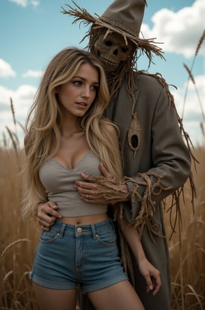 Blake Lively, 16K, UHD, long blonde hair, dark fantasy, horror style, a cute girl with long blonde hair is standing in front of a creepy scarecrow, girl is wearing a short jeans and white shirts, creepy scarecrow is hugging a girl from behind, black creepy scarecrow wearing tattered clothes and a straw hat with black holes where the eyes and mouth should be, full body, wheat field, blue sky and white clouds, fantastic, mysterious, most fashionable, most stylish, dark background, detailed background, every detail is rendered in superb detail, perfect composition, masterpiece, best quality, 8k, ultra-detailed, very clear, perfect anatomy, anatomically correct hands, beautiful face, beautiful eyes, detailed eyes, beautiful hair, detailed hair,anime,Hand