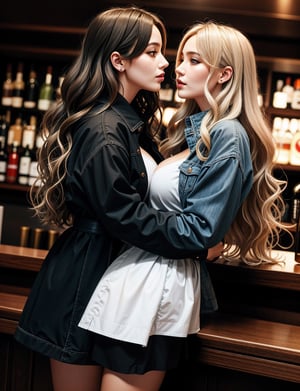 lesbians kissing, 2girls, long wavy thick blonde hair, large breasts, looking at each other, lora:lora_perfecteyes_v1_from_v1_160:0.8, perfect eyes, in an expensive very crowded bar, standing at the bar kissing, lookling at eachother, lora:edgAutumnDressCode:0.8, edgADC_fashion, Realistic, perspective, light and shadow, dim lighting, highly detailed, full body
