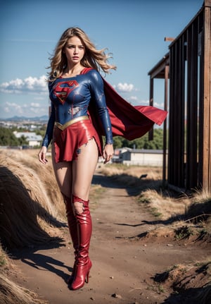 (full body:1.3),(long legs:1.3),red boots,8k,best quality,real picture,intricate details,ultra-detailed,ultra highres,depth field,(photorealistic,realistic:1.2),masterpiece,photo of european girl,supergirl,(Super girl suit:1.5),(huge breasts),cooler,sad,(bruise, dirty, torn clothes, revealing clothes:1.3),blue eyes,blonde hair,long hair,ripped cape,ripped pantyhose,superhero,solo,sun,blue sky,best quality,realistic,photorealistic,(intricate details:1.2),(delicate detailed),(cinematic light),clear line,sharp focus,realistic face,detailed face,unity 8k wallpaper,ultra high res,(photorealistic:1.4),looking at viewer,
