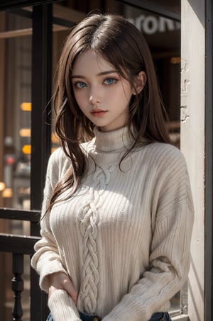 Generate hyper realistic image of a beautiful woman with blue eyes and brown hair, wearing a warm sweater and a stylish turtleneck. Her upper body is depicted with realistic details, showcasing the subtle charm of parted lip. The scene captures the essence of a cozy winter day, with her hair slightly messy, giving a touch of natural elegance.cinematic lights,aesthetic,1 girl, getting high while dancing,egyptian arabian,cleopetra,magical beauty,film grain,particles,beautiful,alluring,intricately detailed,skimpy