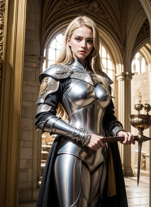 realistic, ((1 young and beautiful girl:1.2)), absurdres, (8k, best quality, masterpiece:1.2), professional photograph, dramatic light, (finely detailed face:1.2), female knight wearing a full suit of filigree silver armor, holding a shield (family crest, intricate design) in one hand, holding sword of gold in other hand, full body shot, castle interior background, light blonde hair, 