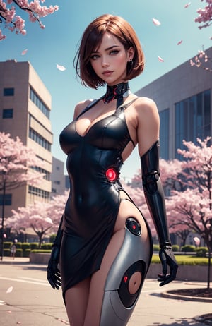 (masterpiece, best quality, hires, high resolution:1.2), extremely detailed, realistic, highres, (cinematic lighting, perfect lighting, volumetric), 1girl, solo, smirk, blush, looking at viewer, (auburn bob haircut), bare shoulders, (Futuristic android dress with robotic appendages and silver accents, see-through:1.2), small breasts, cleavage, Arms crossed over the chest, looking serious, outdoors, park, cherry blossoms, falling petals,
