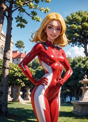 clover, blue eyes, blonde hair, red bodysuit, looking at viewer, serious, evil grin, hands on hips, 
standing, outside, park, trees, extreme detail, masterpiece, beautiful quality,  lora:clover:.7
,clover \(totally spies\)