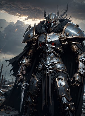 (8k,best quality, masterpiece:1.2),physically-based rendering,tyndall effect,surface reflection,metallic luster,looking at viewer, fire red eyes,
,((Mecha:1.1)),liche king, standing in the destroyed city, apocalypse, storm, thunderstorm, black clouds, arthas, full body,solo,(glowing),armor, wowdk, glowing red eyes, skull armor, fire, glowing eyes, skull armor, helmet, fur trim, cape, crossed arms, no weapon, 
  lora:sxz-death-knight:0.6