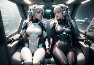 a photo of pair of (cute slender beautiful european young:1.0) girls sitting in a seat (chair) in the spaceship, wearing white cybersuit, glossy reflections, leaning back, hologram, panoramic view on night space city, (symmetry), arms on armrest, scifi, science fiction, shot from above, film grain, (highly detailed:1.1), rfktr_technotrex, lora:rfktrsTechnotrexV10_rfktrsTechnotrexV10:0.15, lora:futuristic_interior_composer:0.1, lora:futuristic_interior_refiner:0.1, lyco:Robotaction:0.4, sharp focus, best quality, masterpiece, photorealistic, neotech sleek, lora:NeoFuturisticTech-20:0.4, antitech, lora:AntimatterTech-20:0.2, cyberfusion, lora:cyberfusion_3Drender:0.2,
,rfktr_technotrex,futuristic_interior ,neotech,antitech,sleek