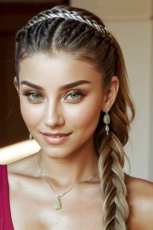 lyco:sd15_NicolaCavanis_loha_64_v1:.85, realistic photo of  NicolaCavanis, focus on eyes, close up on face, smile, wearing jewelry, pale green color hair styled as braided crown hair,