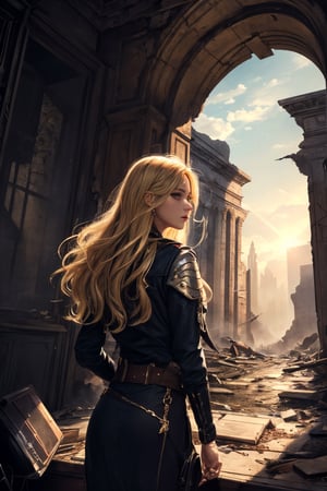 (masterpiece, best quality), 1girl, blonde hair, sidelocks, fantasy, post-apocalypse, ruins, scenery, light particle, messy hair,