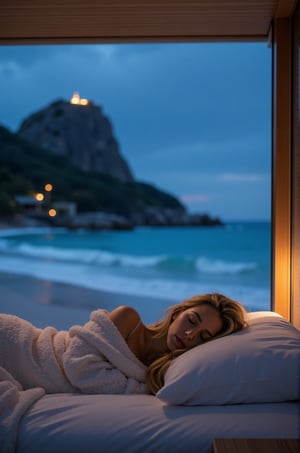 Blake Lively, 16K, UHD, long blonde hair, a woman sleeping in a bed on a beach luxury villa, she is sleeping on her stomach, is partially covered by a white woolen blanket, a big window is near her bed, an detailed beach and mountain can be seen, silent night, with romantic light, 