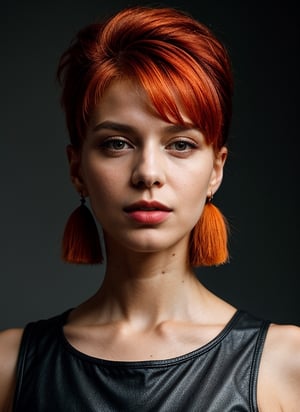 portrait of sks woman by Flora Borsi, style by Flora Borsi, bold, bright colours, orange Mohawk haircut, ((Flora Borsi)), lora:locon_melissa_v1_from_v1_64_32:1.3

