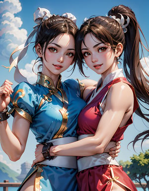 pictures of 2 beautiful girls, chun li and shiranui mai, looking at viewer, smiling, hug, cute pose, outside, blue sky, extreme detail, masterpiece, beautiful quality, shiranui mai, chun li