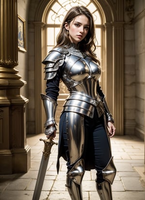 realistic, ((1 young and beautiful girl:1.2)), absurdres, (8k, best quality, masterpiece:1.2), professional photograph, dramatic light, (finely detailed face:1.2), female knight wearing a full suit of filigree silver armor, holding a shield (family crest, intricate design) in one hand, holding sword of gold in other hand, full body shot, castle interior background