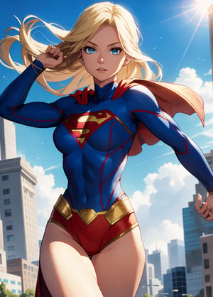 supergirl, woman, blonde hair, blue eyes, athletic figure, toned body, superhero pose, (masterpiece, best quality:1.1), ghibli style