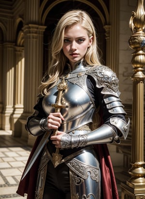 realistic, ((1 young and beautiful girl:1.2)), absurdres, (8k, best quality, masterpiece:1.2), professional photograph, dramatic light, (finely detailed face:1.2), female knight wearing a full suit of filigree silver armor, holding a shield (family crest, intricate design) in one hand, holding sword of gold in other hand, full body shot, castle interior background, light blonde hair, 