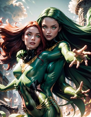 2girls, ((pictures of jean-grey, green bodysuit, gloves, glowing eyes, floating) and (pictures of polaris, helmet, bodysuit, cape, smile, green lipstick, green eyes, lora:polaris-10:0.8)), looking at viewer, smiling, closing hug, cute pose, outside, blue sky, extreme detail, masterpiece, beautiful quality, hug, Polaris,jean-grey,kiss