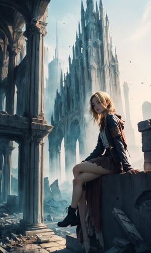 (masterpiece, best quality), 1girl, blonde hair, sidelocks, fantasy, post-apocalypse, ruins, scenery, light particle, messy hair,