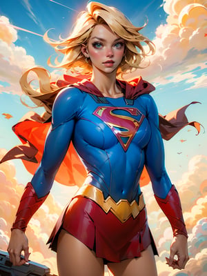 nijistyle, cowboy shot of supergirl, blonde hair, cape, particles, clouds, sky, lora:sxz-style-niji:1