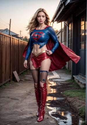2girl, twin sisters, (full body:1.3),(long legs:1.3),red boots,8k,best quality,real picture,intricate details,ultra-detailed,ultra highres,depth field,(photorealistic,realistic:1.2),masterpiece,photo of european girl,supergirl,(Super girl suit:1.5),(huge breasts),cooler,sad,(bruise, dirty, torn clothes, revealing clothes:1.3),blue eyes,blonde hair,long hair,ripped cape,ripped pantyhose,superhero,solo,sun,blue sky,best quality,realistic,photorealistic,(intricate details:1.2),(delicate detailed),(cinematic light),clear line,sharp focus,realistic face,detailed face,unity 8k wallpaper,ultra high res,(photorealistic:1.4),looking at viewer,