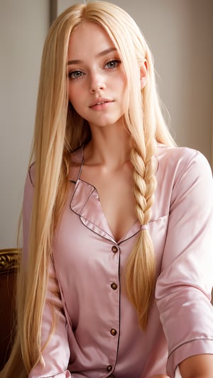 high quality,  detailed,  intricate,  rapunzel,  blonde hair,  very long hair,  absurdly long hair,  detailed hair,  detailed skin,  detailed eyes,  detailed lips,  pink pajamas